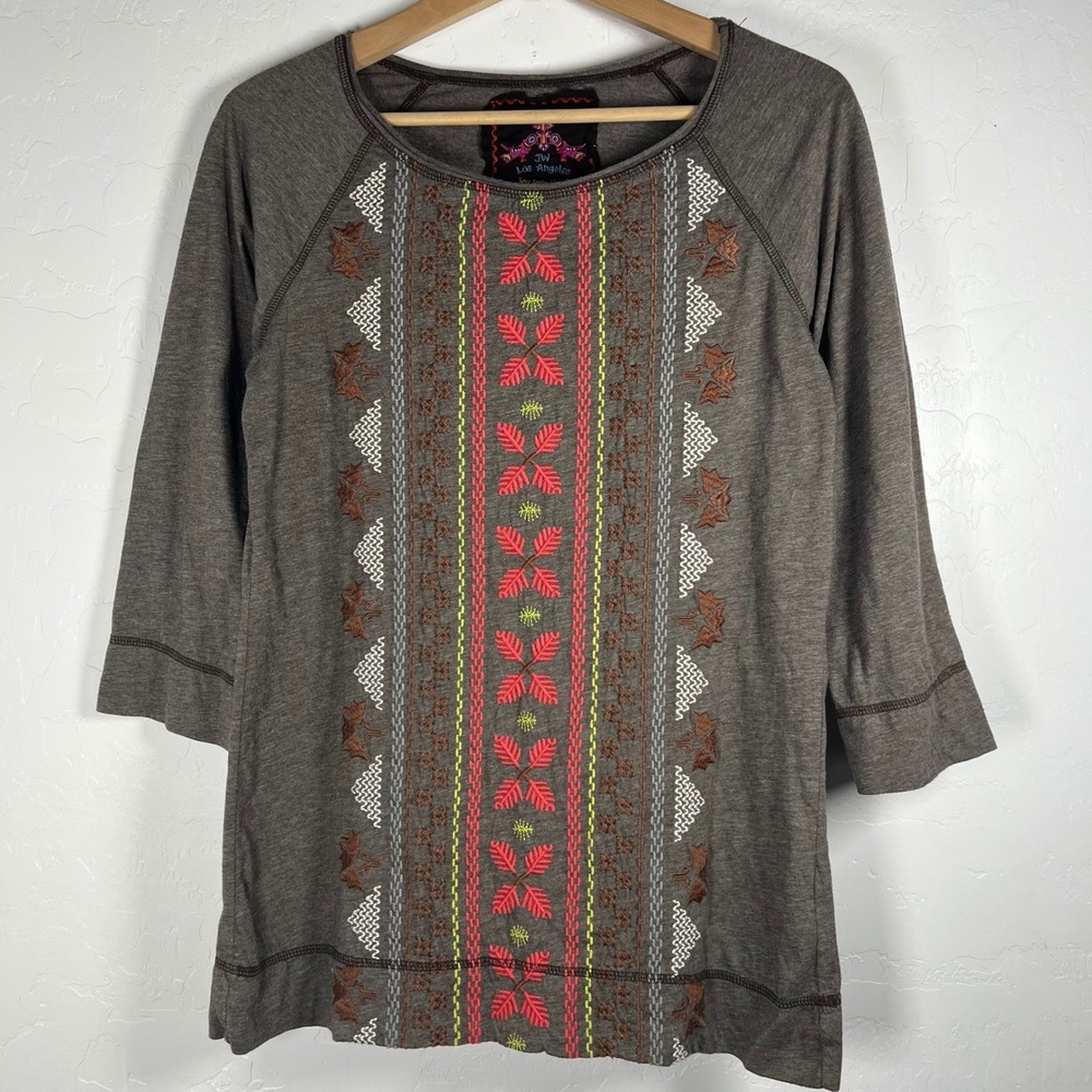 Johnny Was JW Los Angeles Tribal Boho 3/4 Aztec Gray Embroidered Raglan Top M